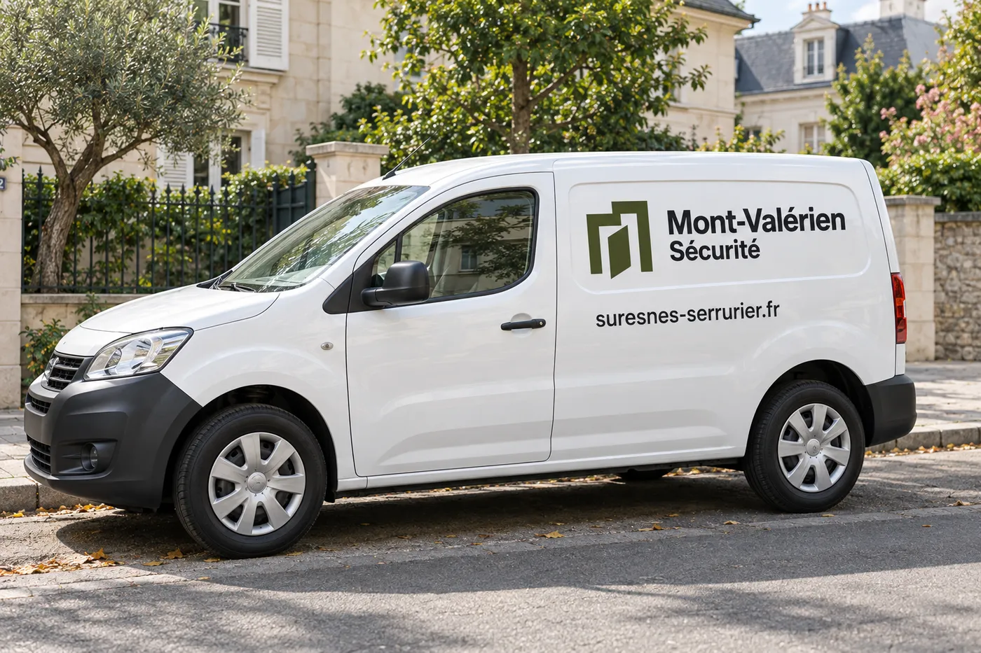 Fourgon blanc Mont-Valérien Sécurité, siglé suresnes-serrurier.fr, garé dans une rue résidentielle de Suresnes